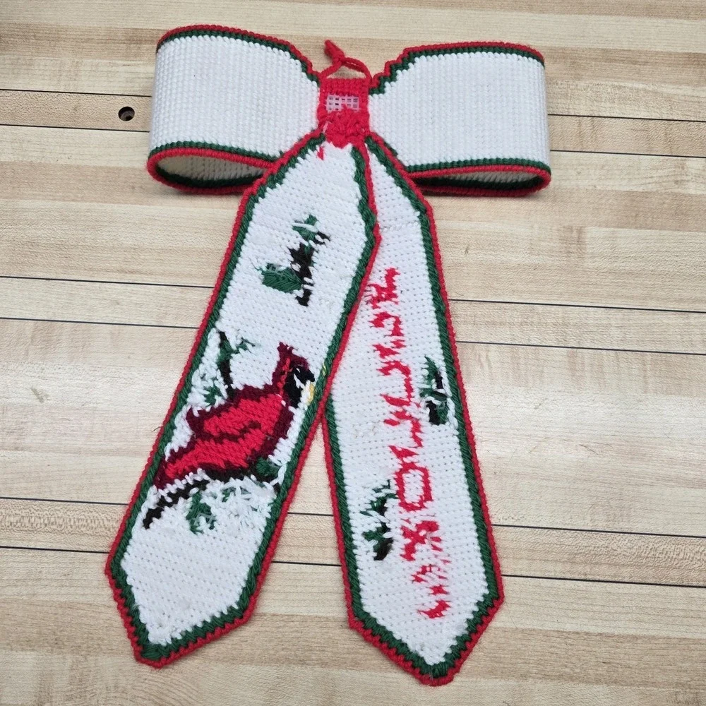 Crosstitch Holiday Bowtie Ornament Red Green Cardinal Christmas Plastic Canvas